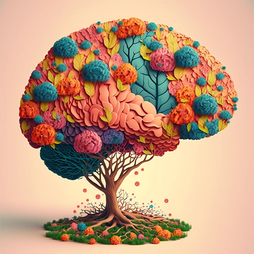 Arbre en forme de cerveau, coloré, avec des fleurs, qui symbolise la pensée positive