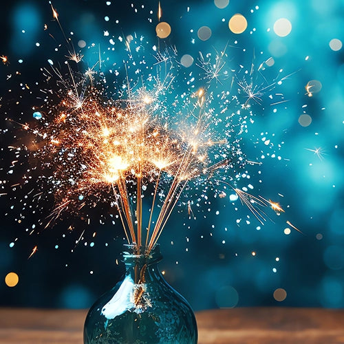 Des étincelles sous la forme d'un bouquet de fleurs, dans un vase en verre. Eclats de lumières représentant l'inspiration, une invitation à briller